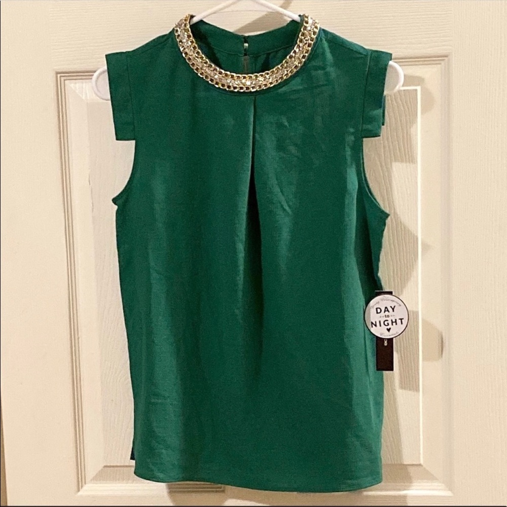 Moa Moa Green Jeweled Neck Sleeveless Blouse NWT
